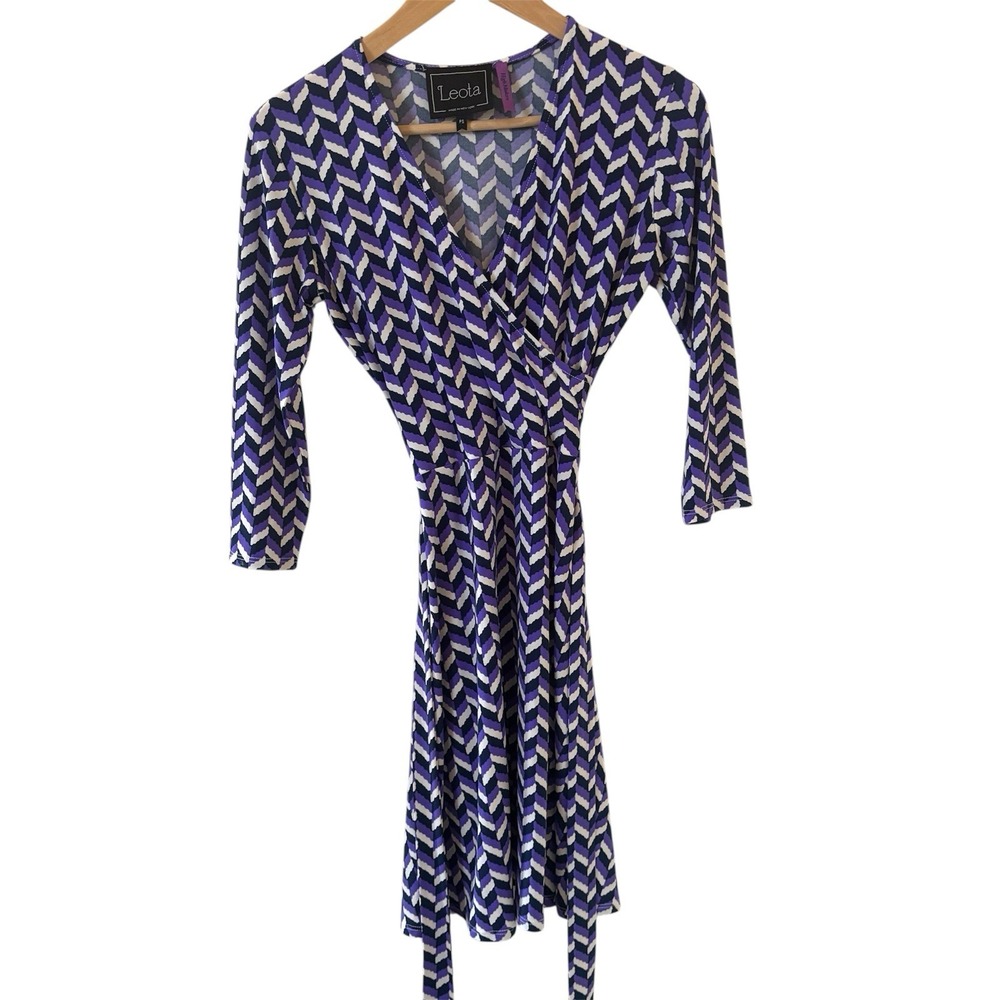 Leota Handmade‎ Abstract Midi Dress SZ Petite Small Purple Modern Glam Tie Waist